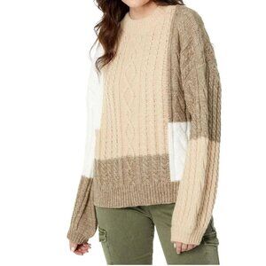 En Saison Baylor Colorblock Cable Knit Sweater in Neutral Tones - Size S